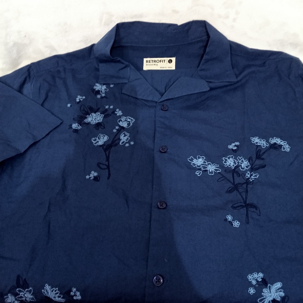 Retrofit Mens Large Navy Blue Floral Embroidered Short Sleeve Button Down Shirt